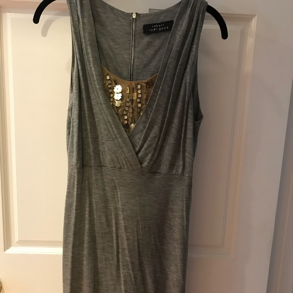 Grey midi dress with some sequins in the front